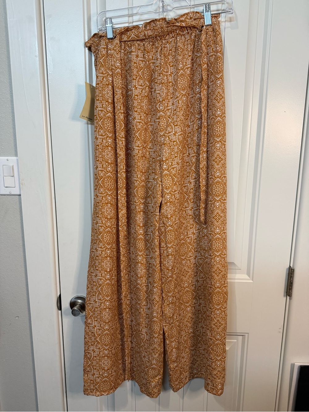 To Be Spoiled Printed Boho Wide-Leg Pants in Mustard and White size XL